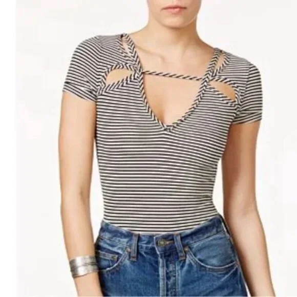 Free People Frenchie Striped Cutout Knit Tee Black/Ivory Small - Picture 8 of 8